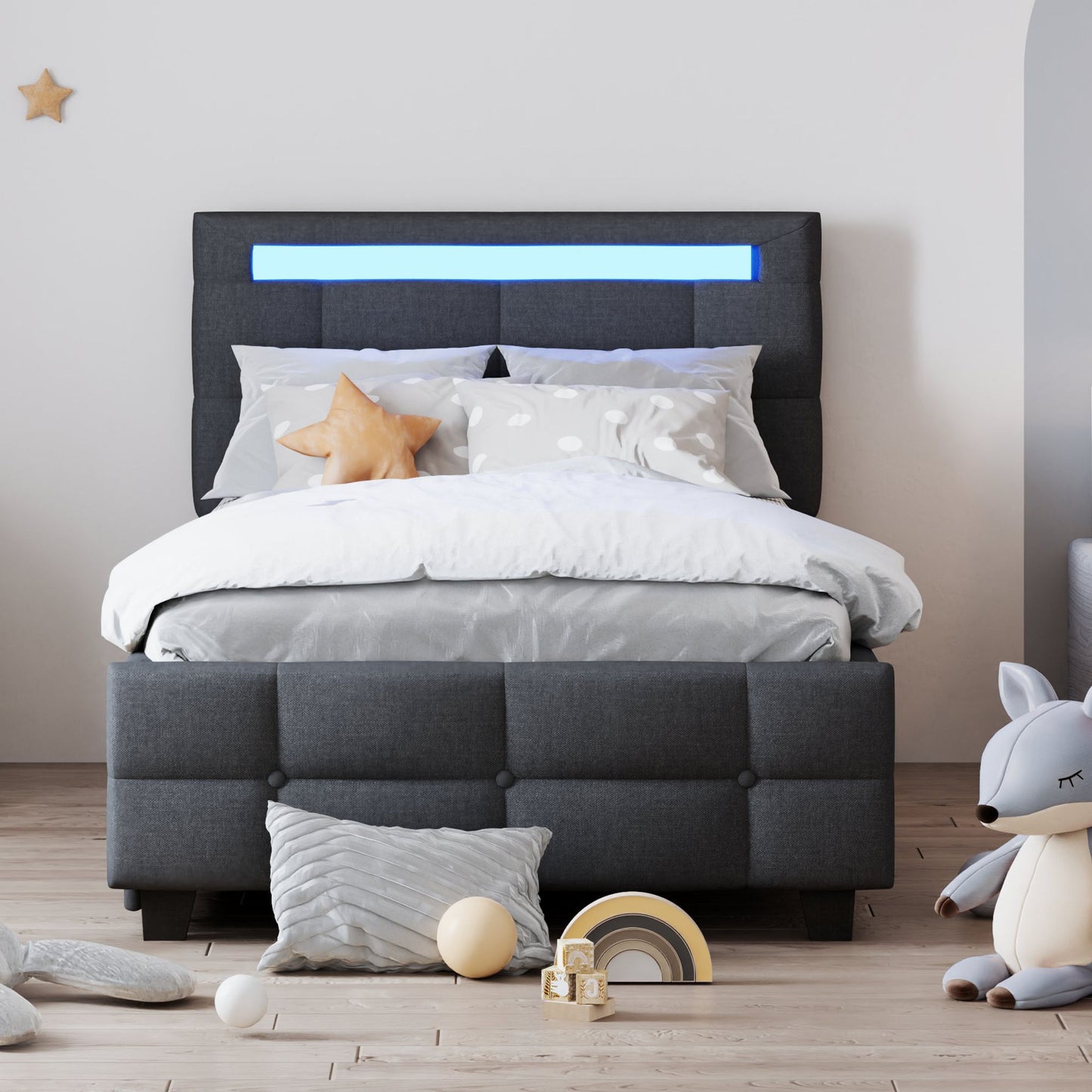 Upholstered Platform Bed With LED Frame, With Trundle And 2 Drawers
