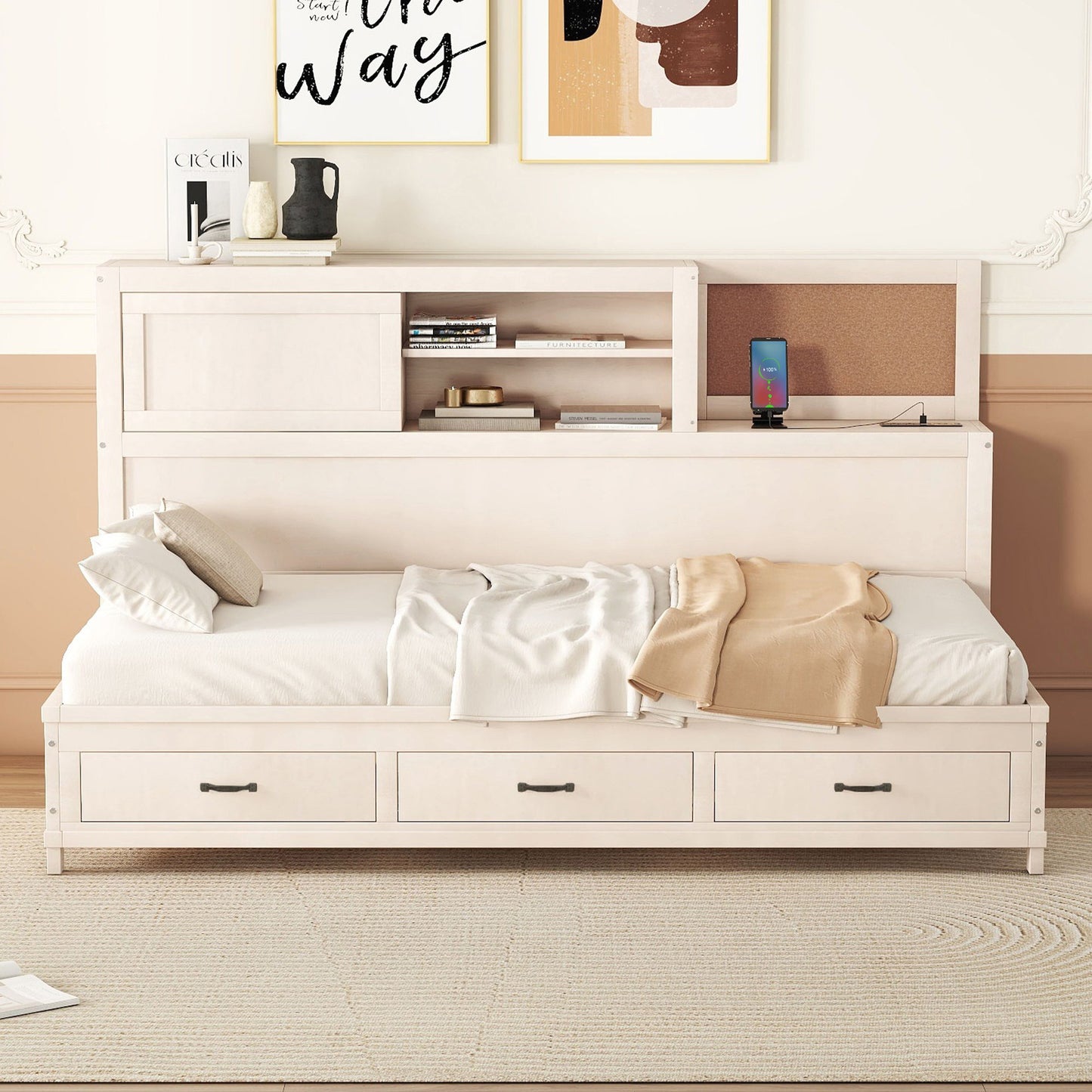 Twin Size Daybed With 3 Storage Drawers, Upper Soft Board, Shelf, And A Set Of Sockets And USB Ports - White