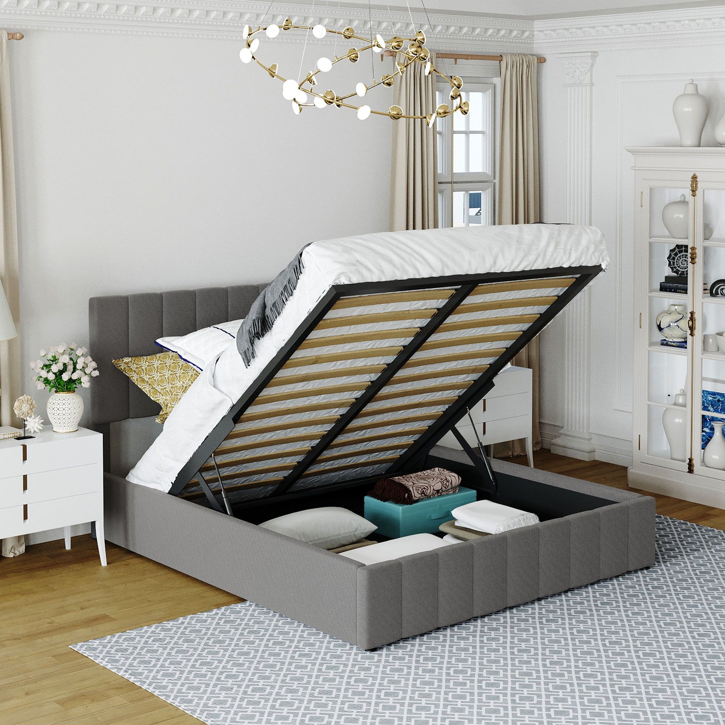 Elegant Upholstered Platform Bed With Hydraulic Storage System