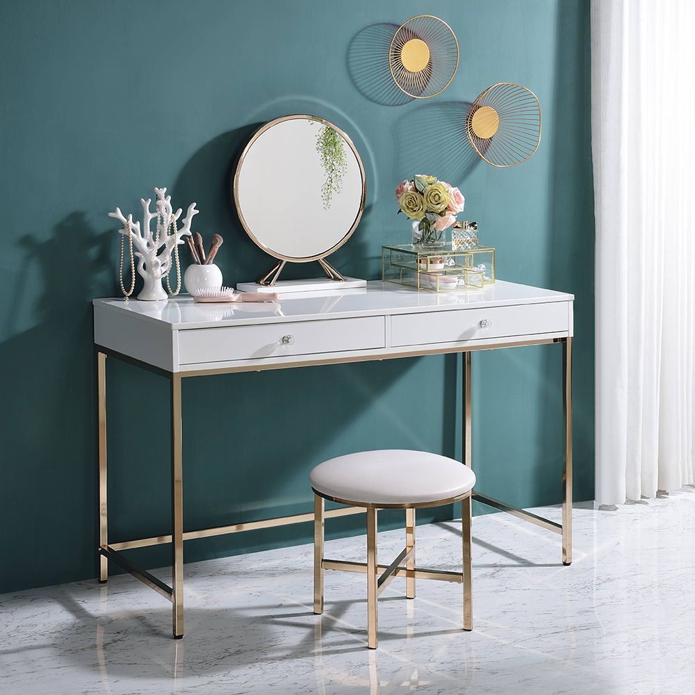 Ottey - Vanity Desk (Same 92540) - White High Gloss & Gold