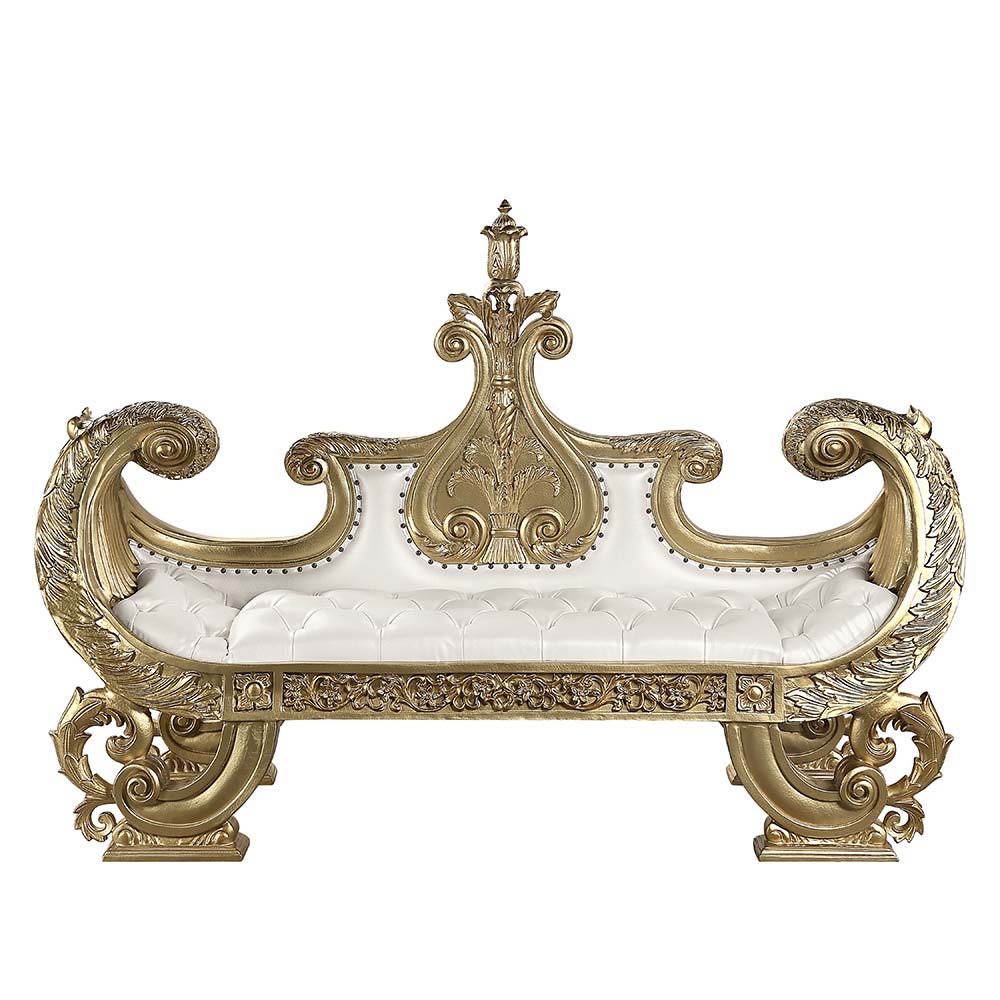 Bernadette - Bench - White Synthetic Leather Fabric & Gold