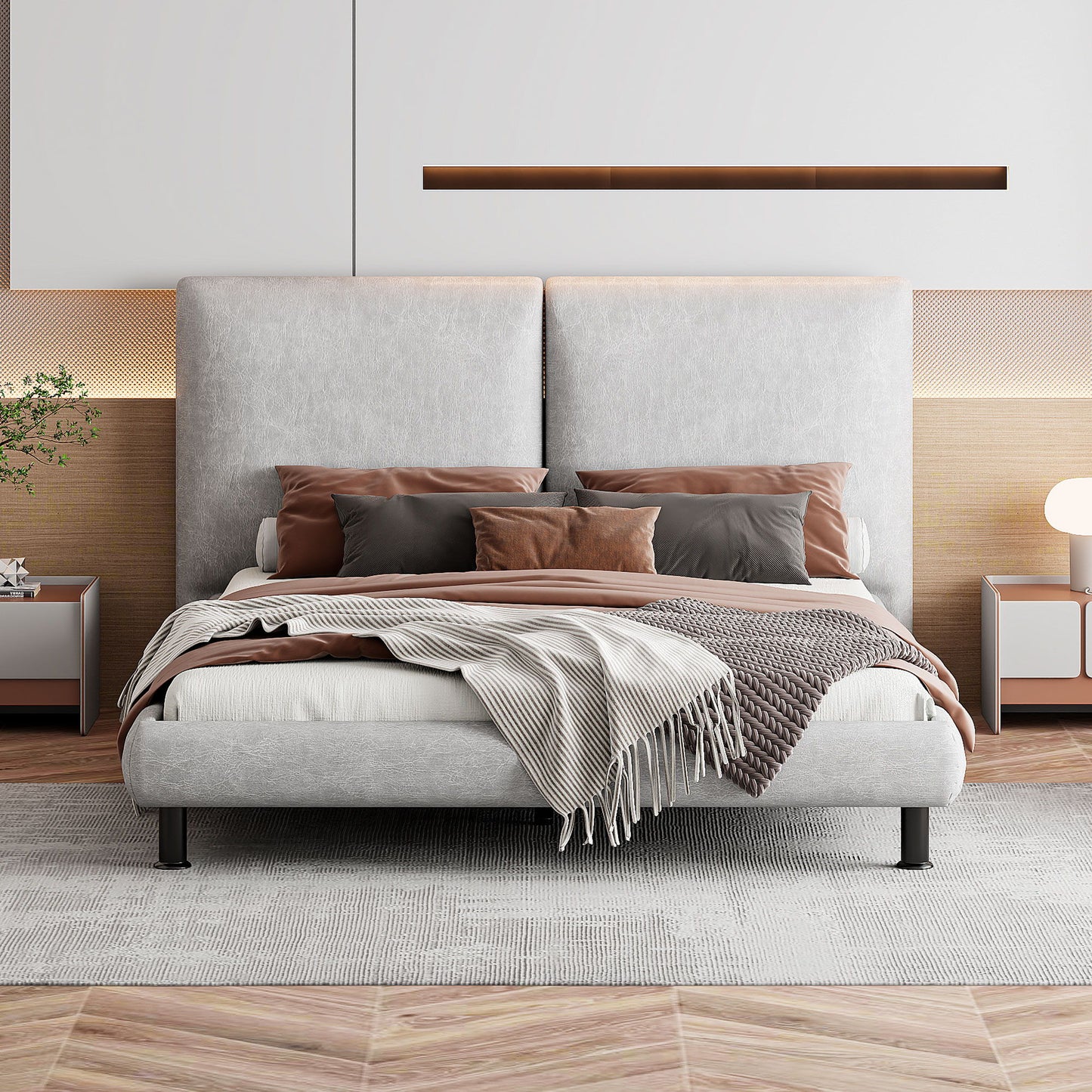 Upholstered Platform Bed With 2 Large Headrests And Thick