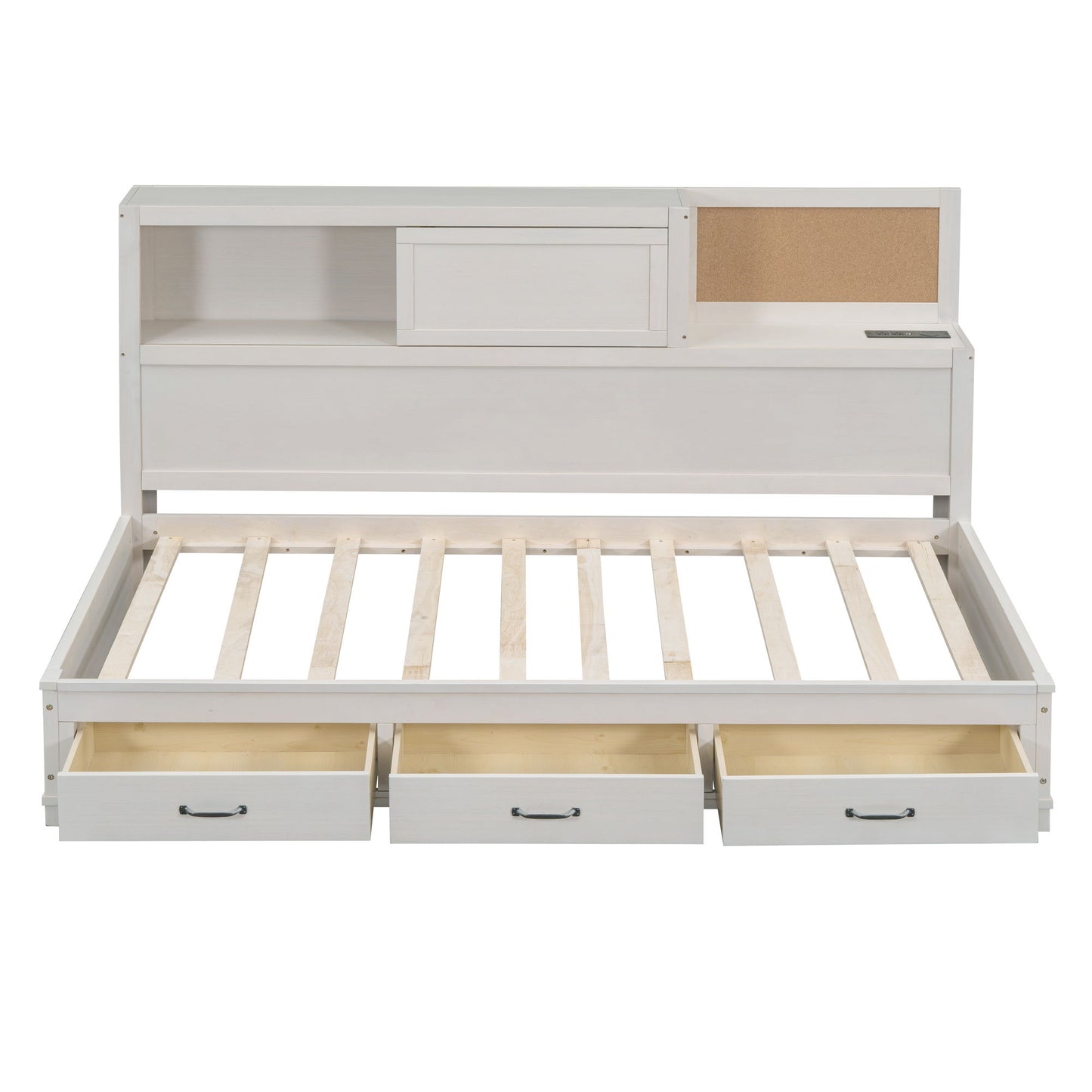 Twin Size Daybed With 3 Storage Drawers, Upper Soft Board, Shelf, And A Set Of Sockets And USB Ports - White