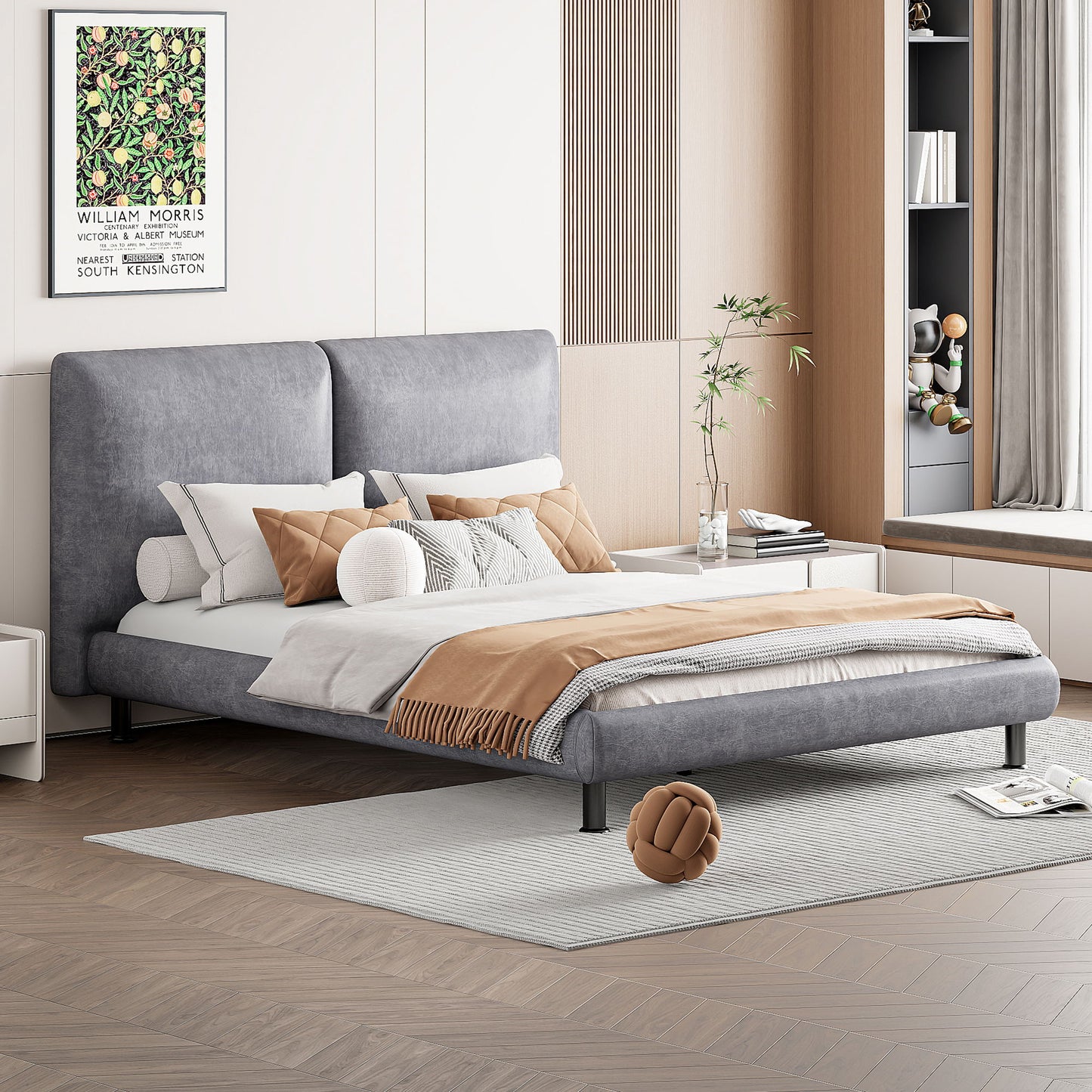 Upholstered Platform Bed With 2 Large Headrests And Thick