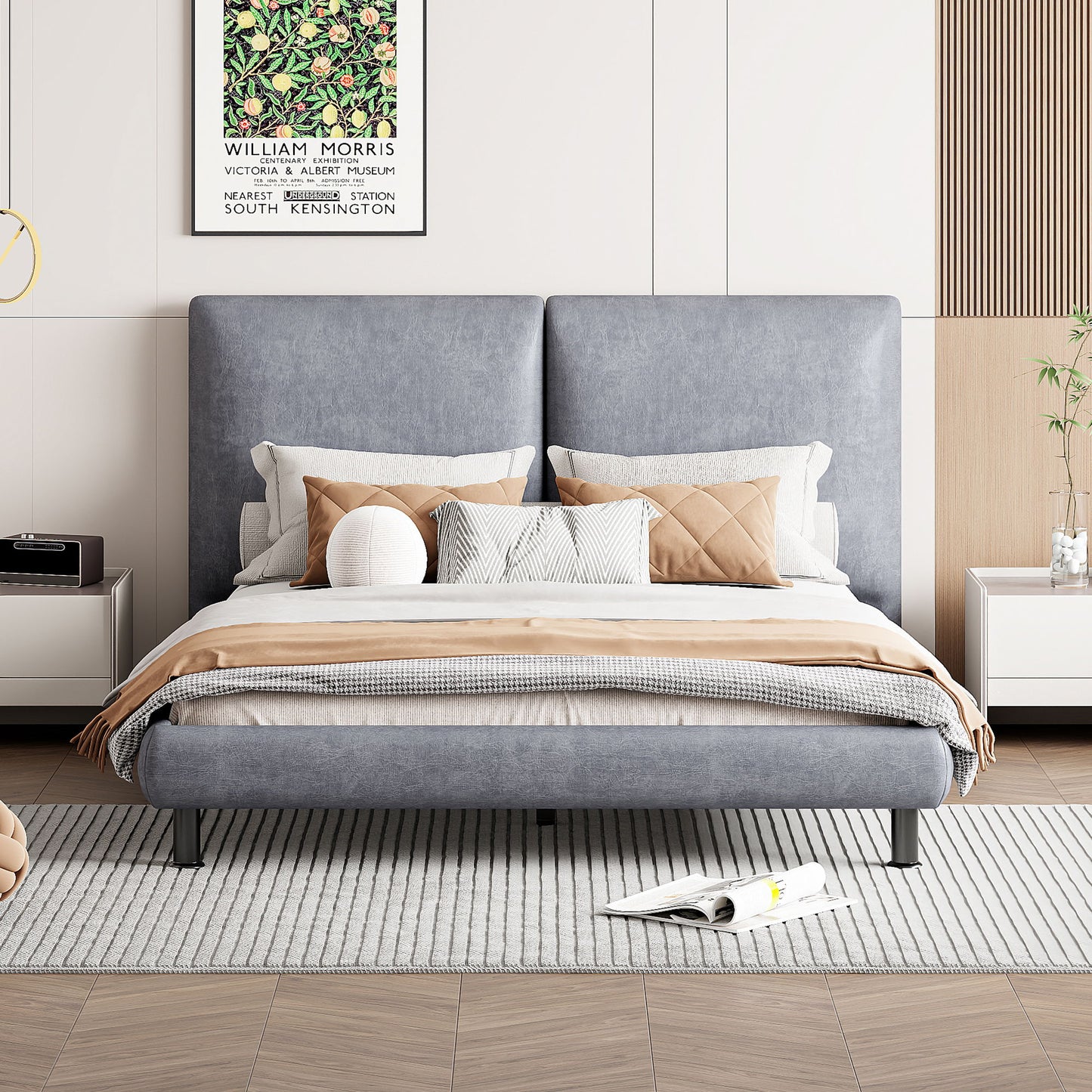Upholstered Platform Bed With 2 Large Headrests And Thick