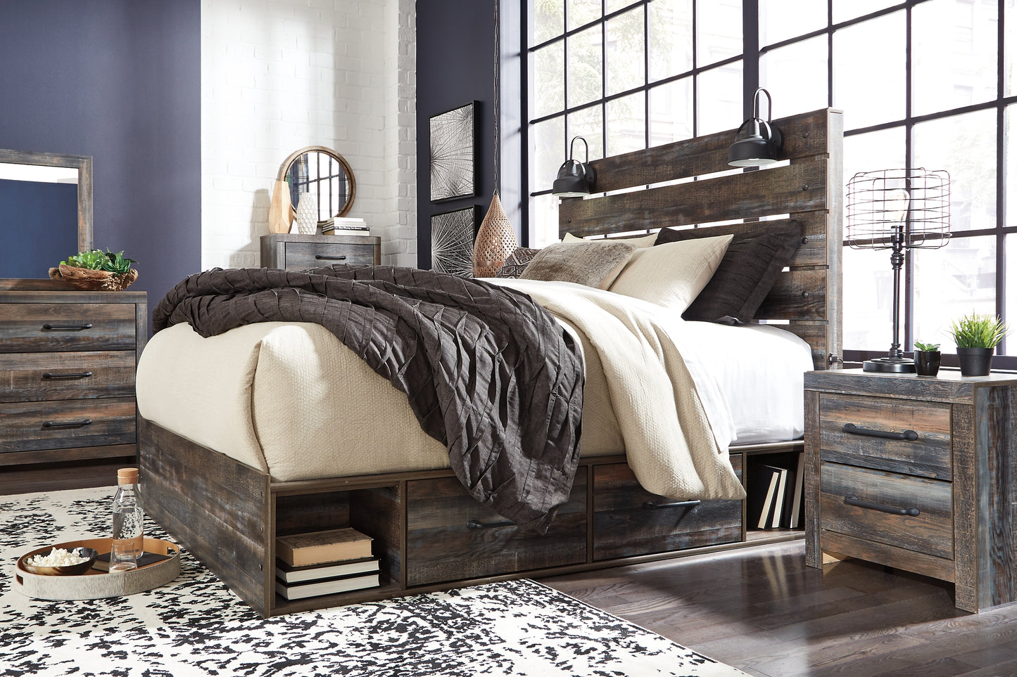Drystan Panel Bed With 2 Storage Drawers With Mirrored Dresser, Chest And 2 Nightstands