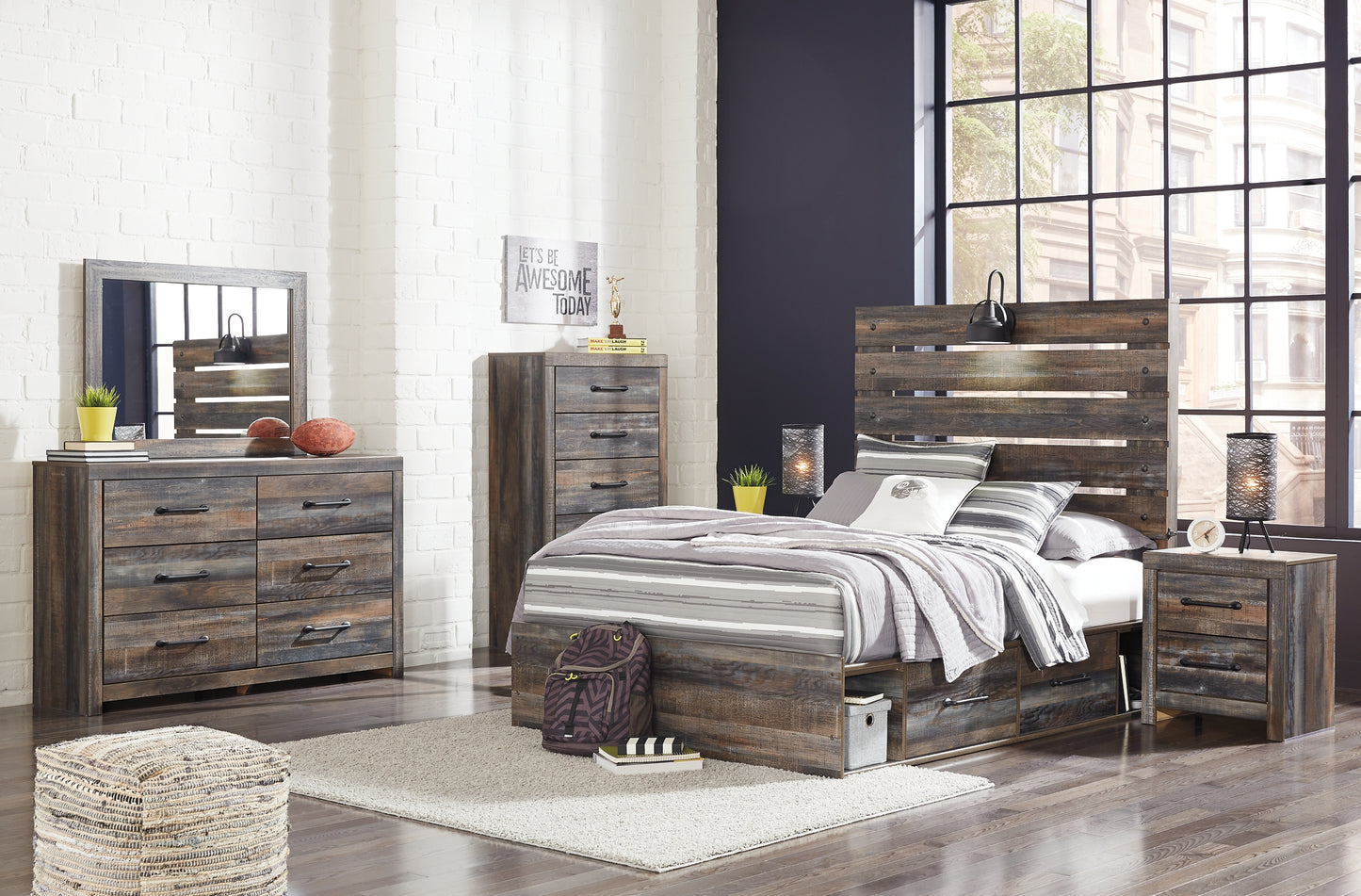 Drystan Panel Bed With 2 Storage Drawers With Mirrored Dresser, Chest And 2 Nightstands