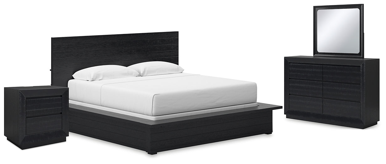 Londer King Panel Bed with Mirrored Dresser and Nightstand