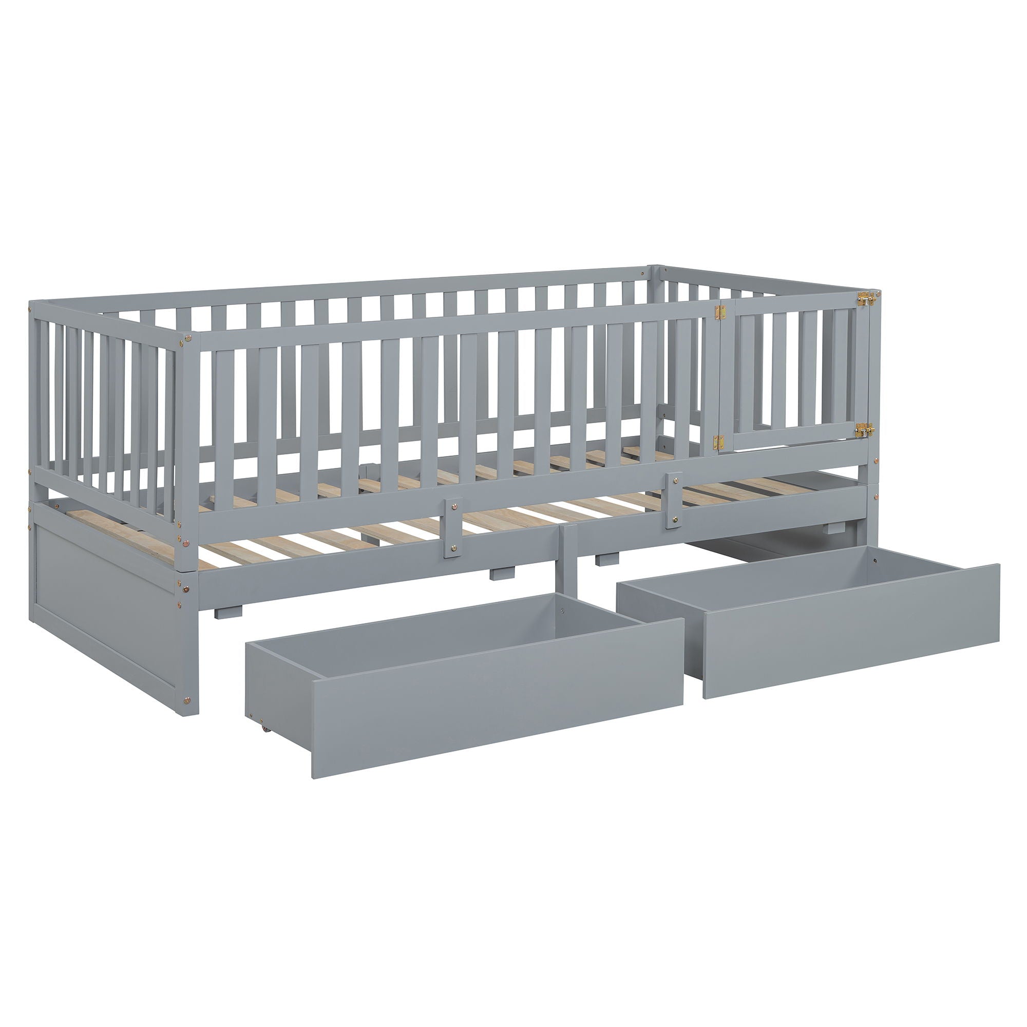 Daybed With Fence Guardrails And 2 Drawers, Split Into Independent Floor Bed & Daybed