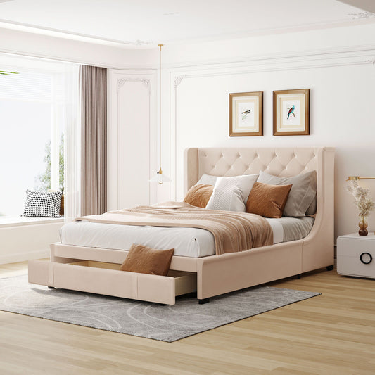 Storage Bed Velvet Upholstered Platform Bed With Wingback Headboard And A Big Drawer