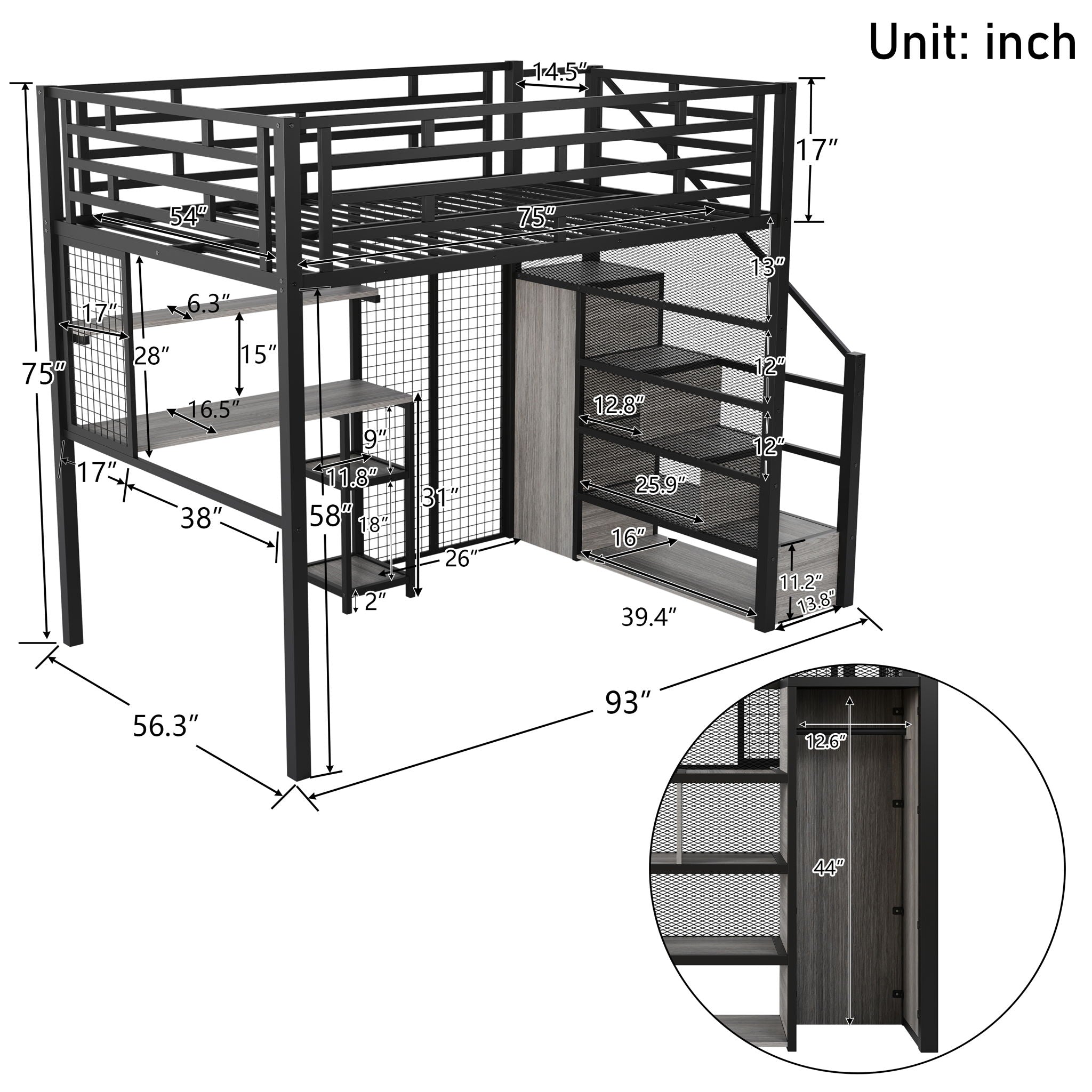 Full Size Metal Loft Bed With Wardrobe, Desk, Storage Shelves - Black