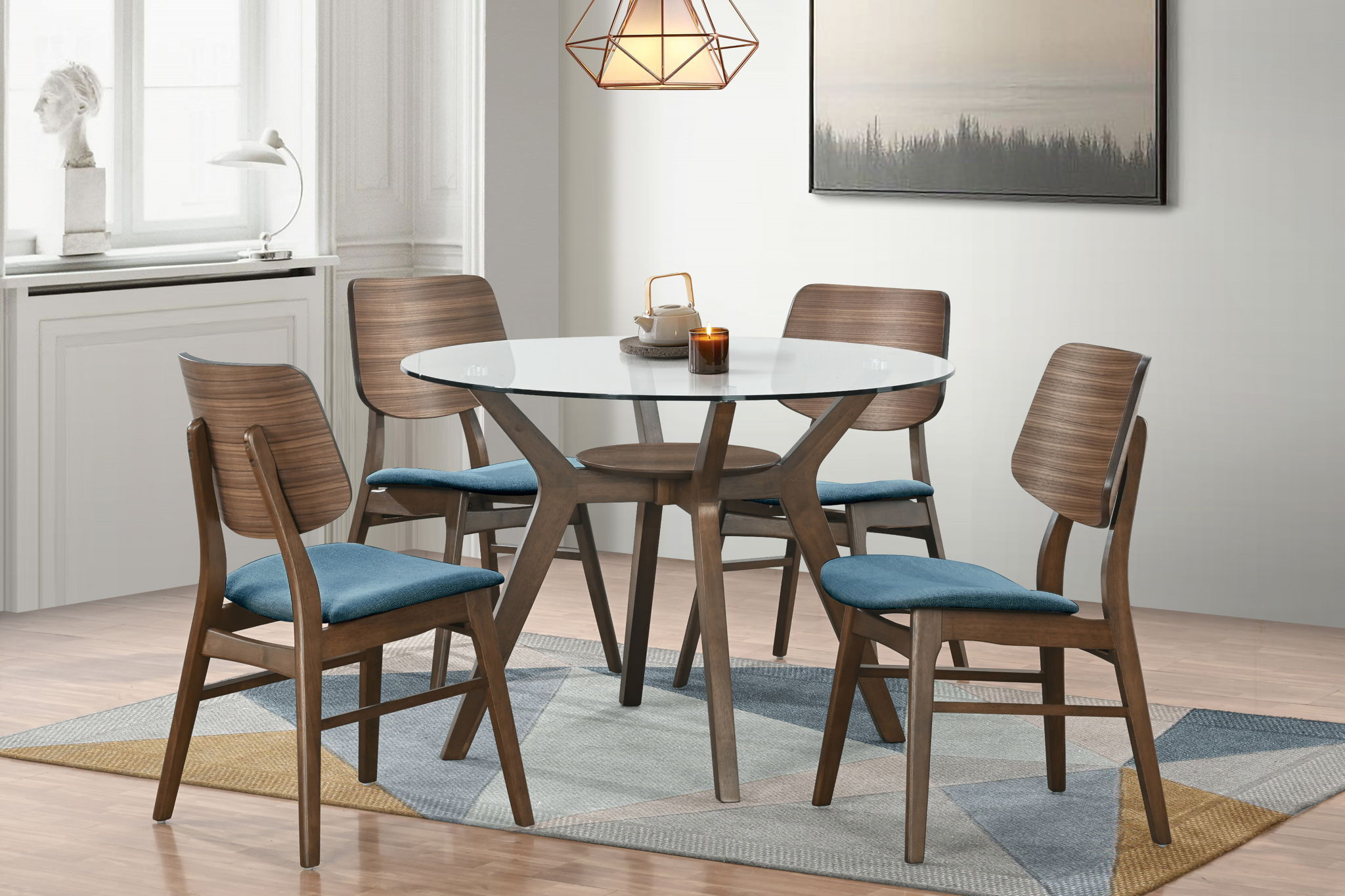 Oscar - Round Glass Table With 4 Teal Cushion Chairs - Brown