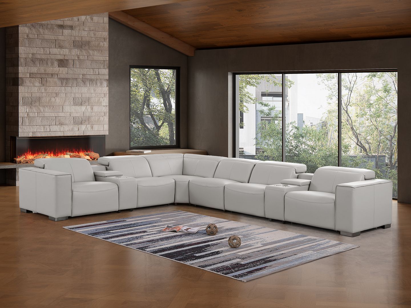 1208 - 8 Piece L Shaped Leather Sectional With 4 Power Recliners & Power Headrests