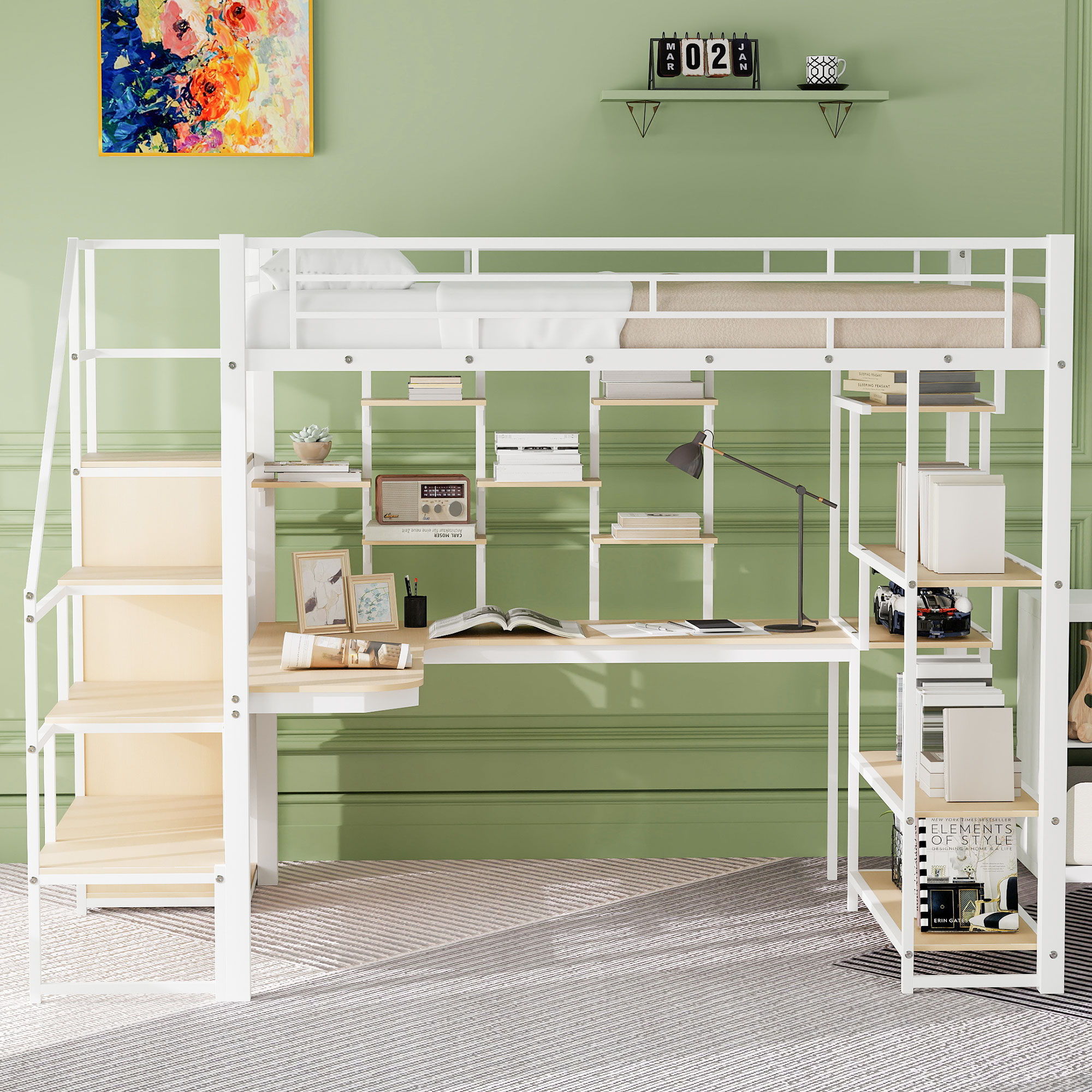 Full Size Metal Loft Bed With Storage Staircase And Small Wardrobe, Built - In Desk And Storage Shelves - White