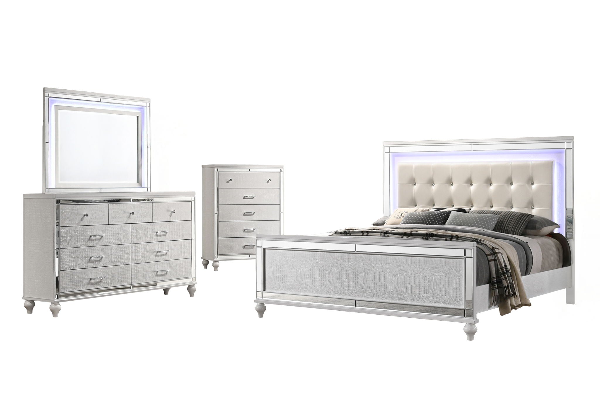 Valentino - Queen 5 Piece Bedroom Set(Bed, Dresser, Mirror, Chest) - White