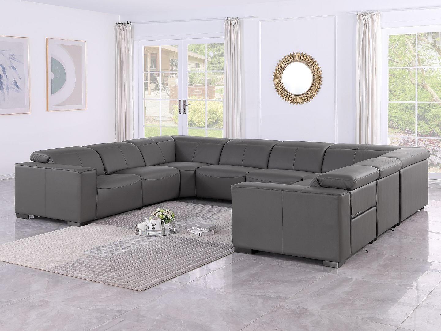 1208 - 8 Piece U Shaped Leather Sectional With 4 Power Recliners & Power Headrest