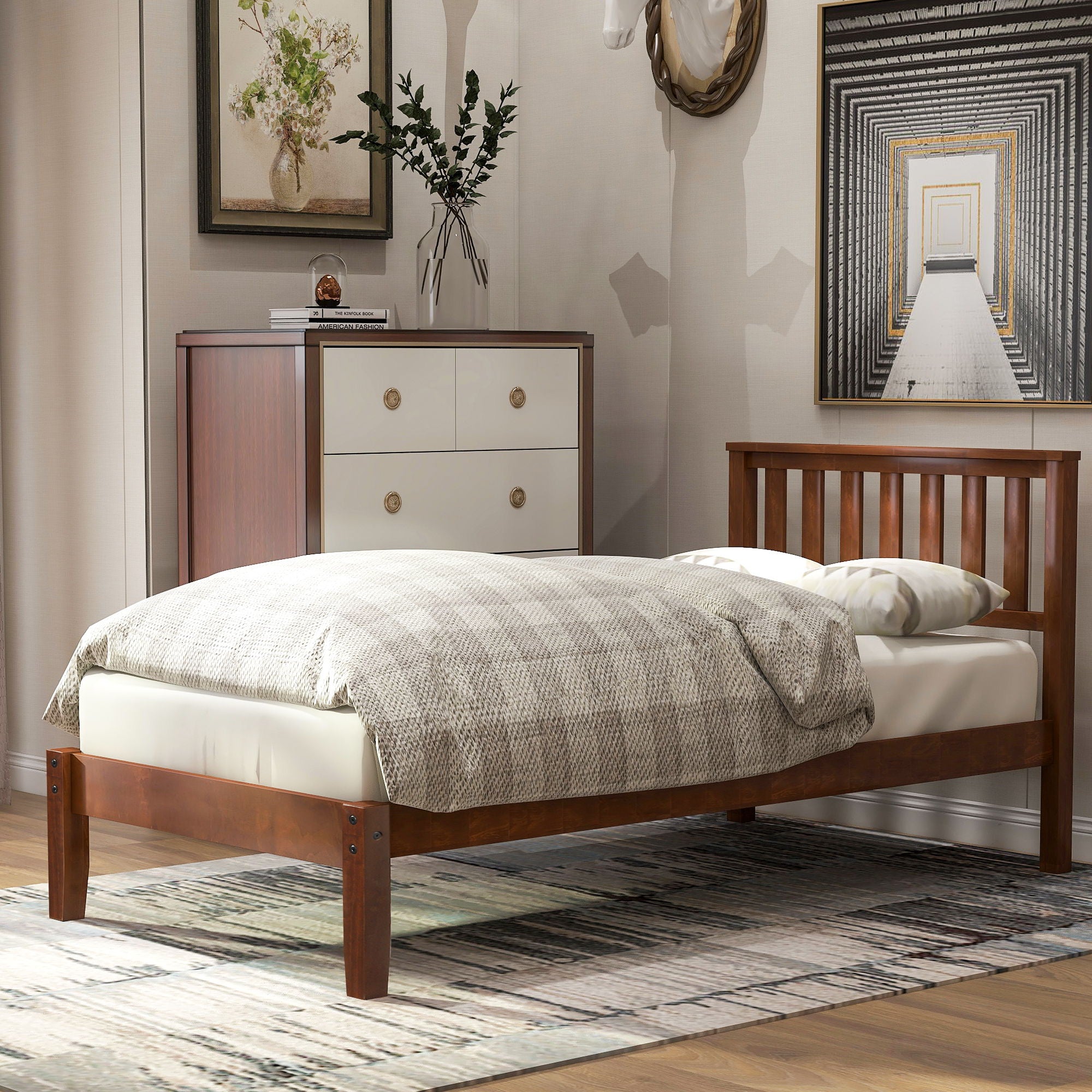 Twin Platform Bed With Headboard, Slat Support - Walnut