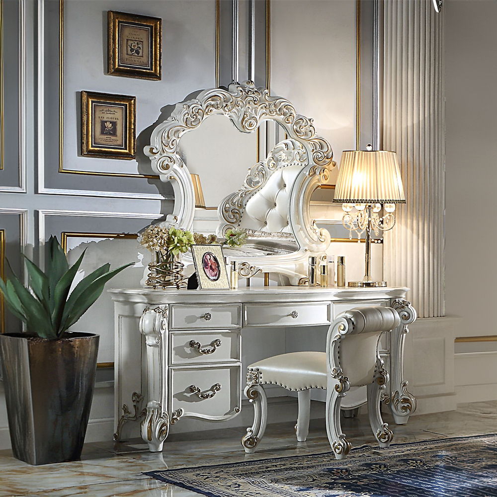 Vendome - Vanity Stool - Beige Synthetic Leather & Antique Pearl