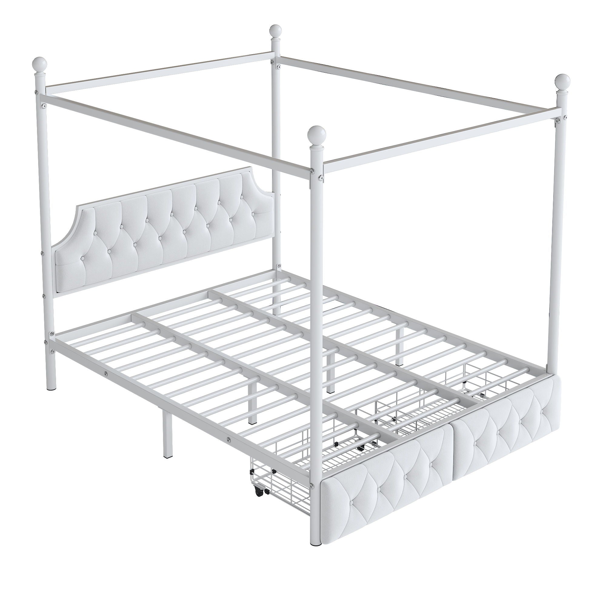 Canopy Platform Bed With Upholstered Headboard And 2 Storage Drawers - White