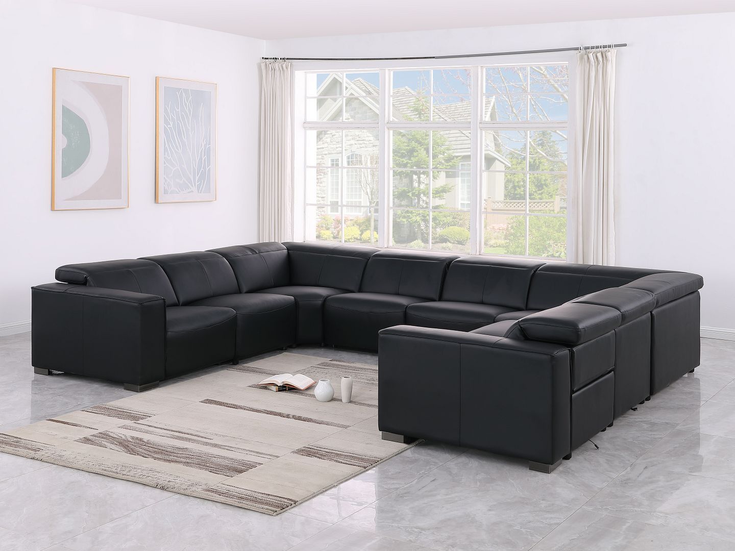 1208 - 8 Piece U Shaped Leather Sectional With 4 Power Recliners & Power Headrest