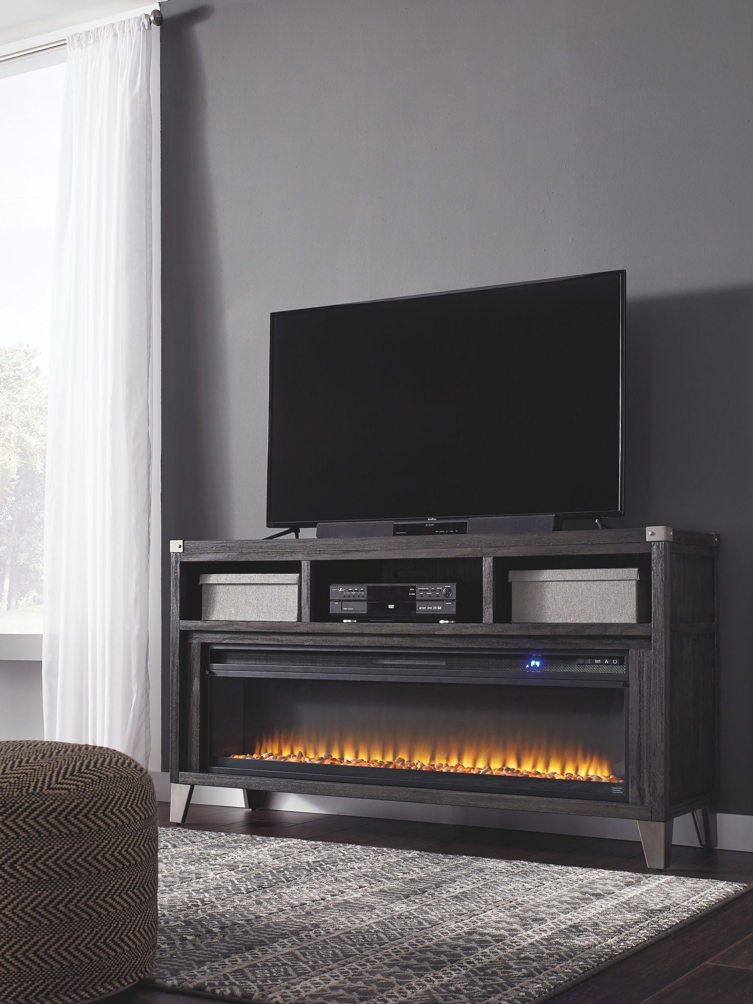 Todoe - 2 Pc. - 65" TV Stand with Wide Fireplace Insert - Gray