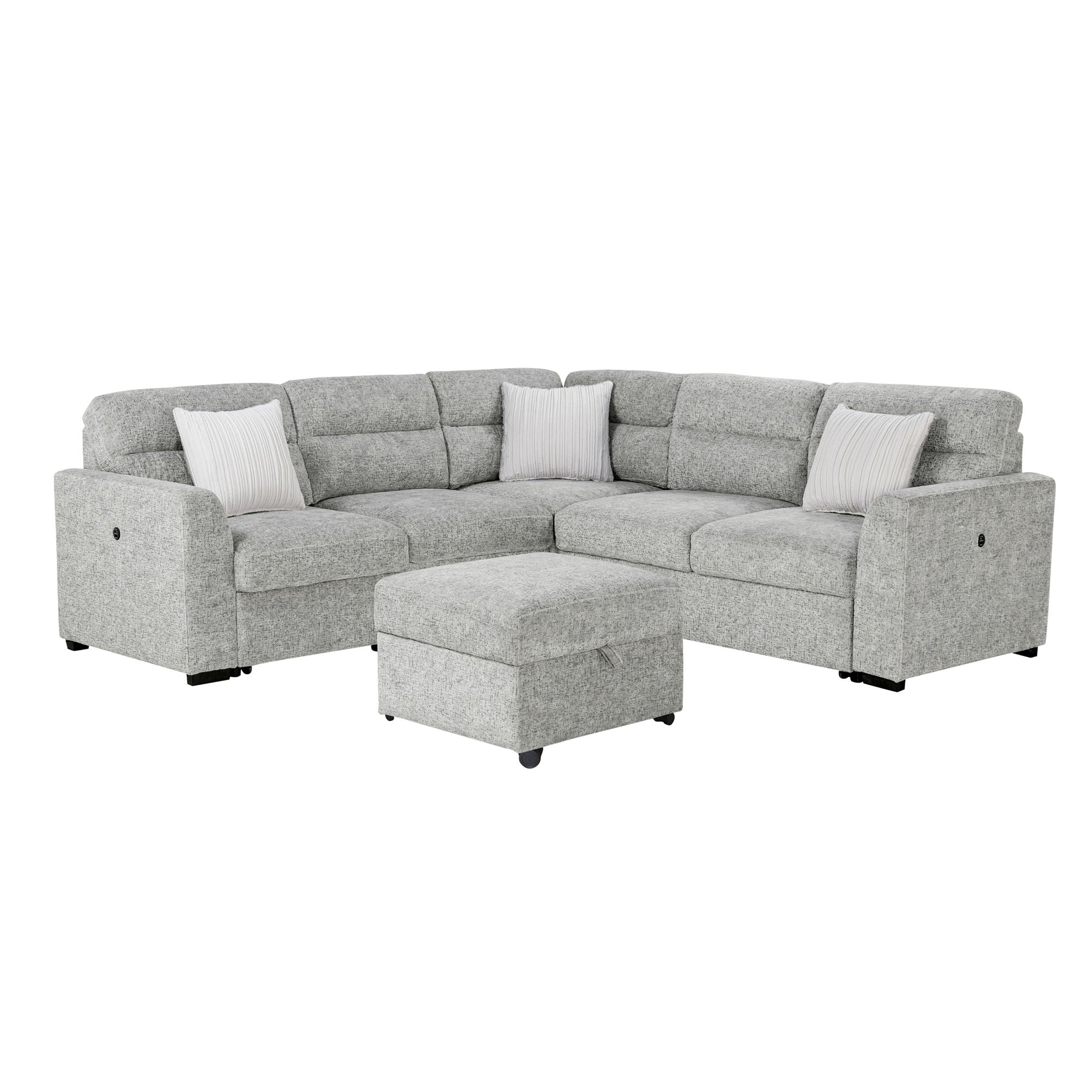 Emiliano - Sectional Sofa With 3 Pillows And Storage Ottoman - Nickel