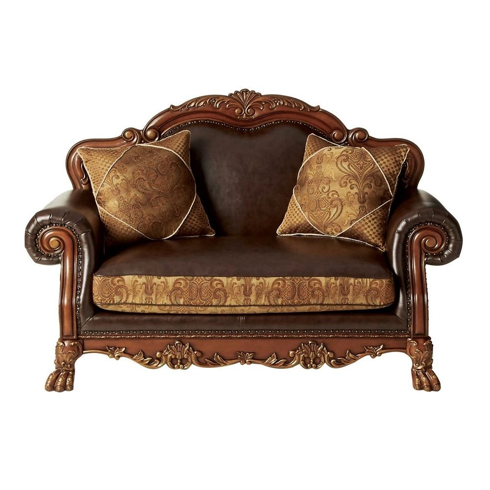 Dresden - Loveseat With 2 Pillows - Brown Synthetic Leather & Chenille, Cherry Oak