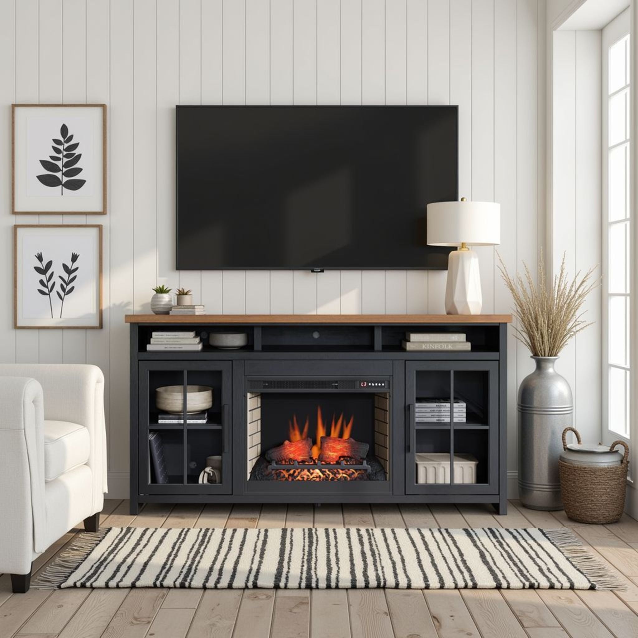 Fireplace TV Stand Console For TVs Up To 85" - Black / Whiskey