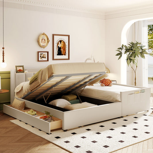 Upholstered Mother & Child Bed With Hydraulic Storage System, Drawer Box, Bedhead Storage Shelf And 2 Pairs Of Sockets & USB Ports