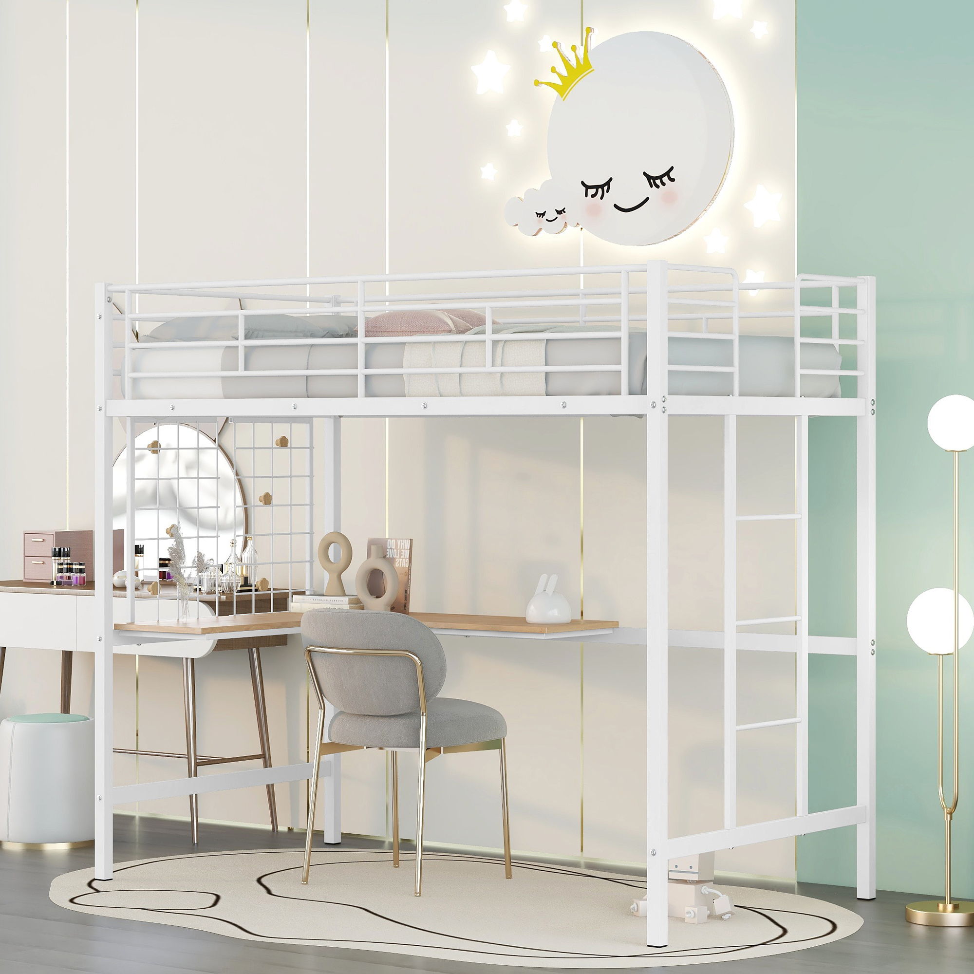 Twin Loft Bed With Desk And Grid - White