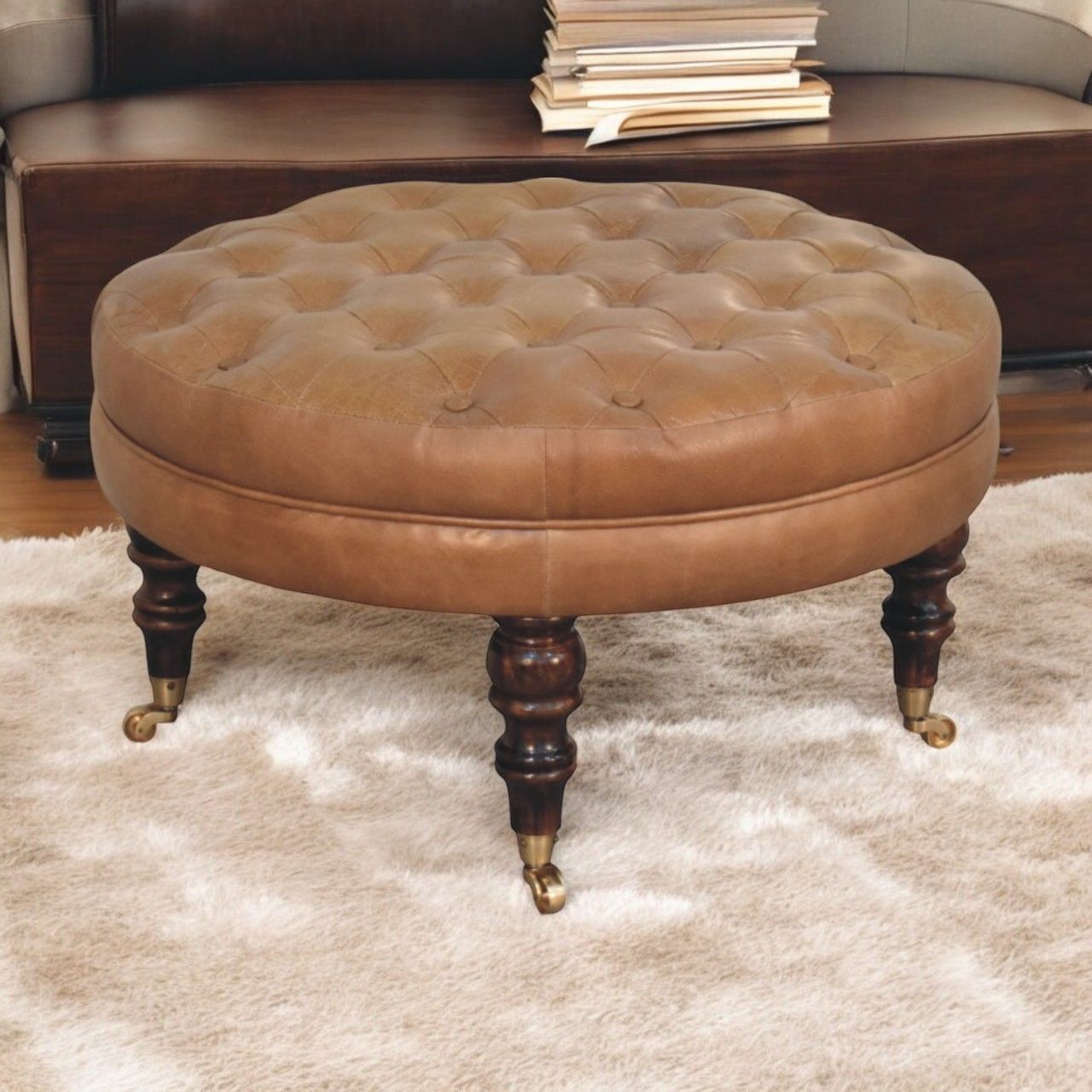 Buffalo - Leather Round Ottoman With Castor Legs - Brown