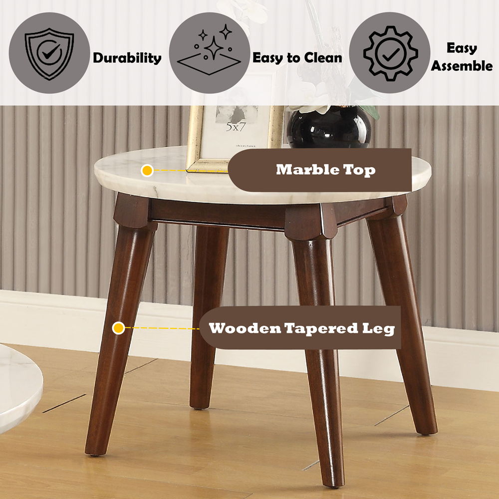 Gasha - End Table - White Marble Top & Walnut