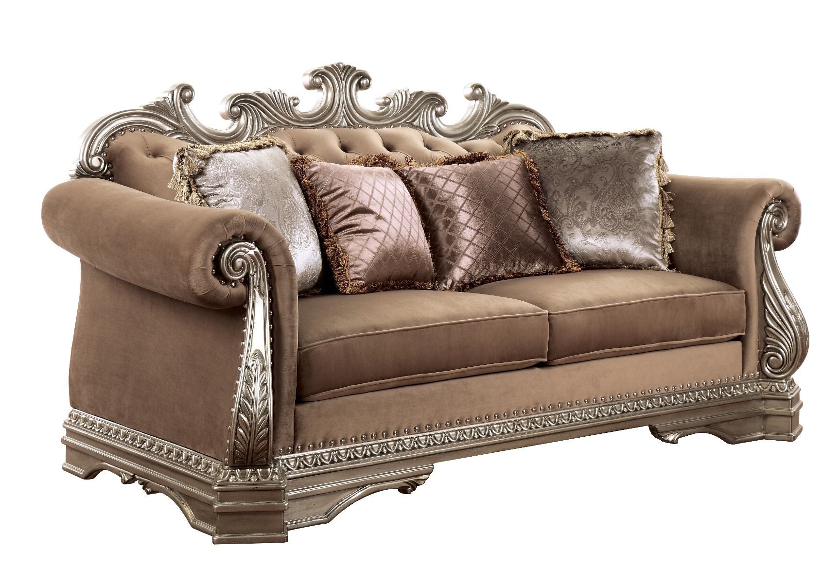 Northville - Loveseat With 4 Pillows - Velvet & Antique Silver