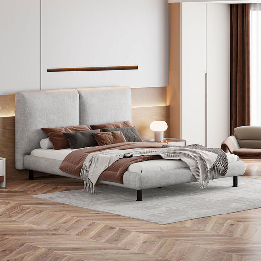 Upholstered Platform Bed With 2 Large Headrests And Thick