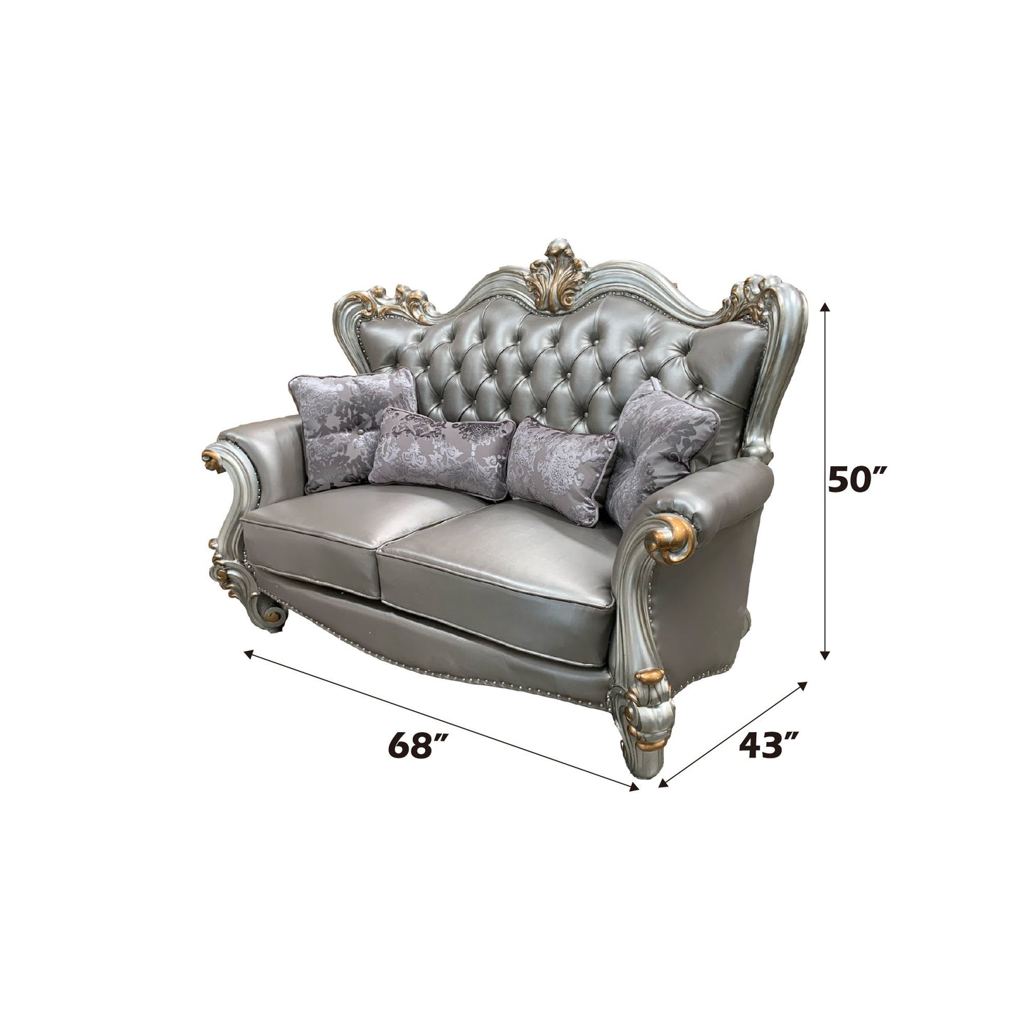 Versailles - Loveseat With 4 Pillows - Silver Synthetic Leather & Antique Platinum