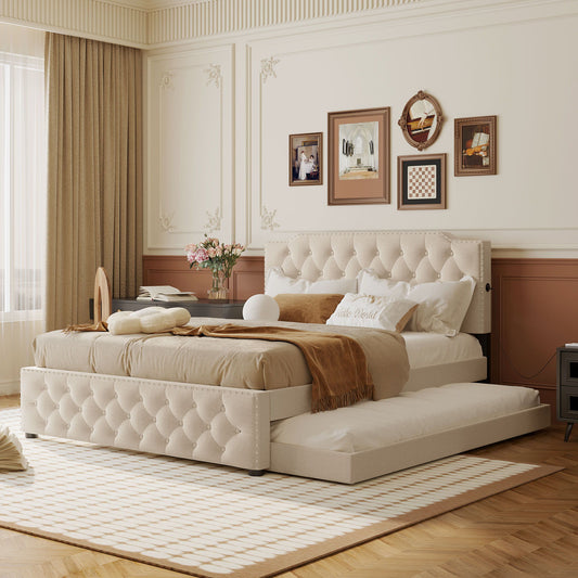 Upholstered Platform Bed With Trundle And 2 Sets Of USB Ports On Each Side, Linen Fabric