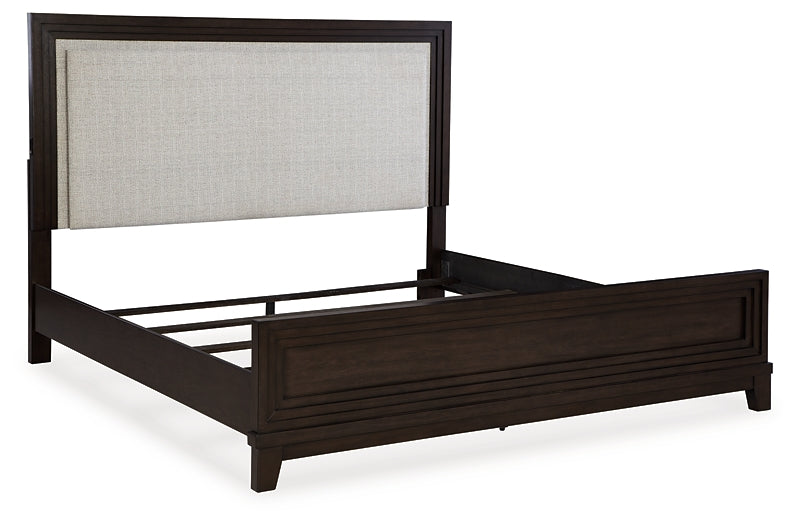Neymorton California King Upholstered Panel Bed with Mirrored Dresser and Chest