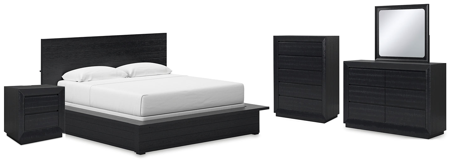 Londer King Panel Bed with Mirrored Dresser, Chest and Nightstand