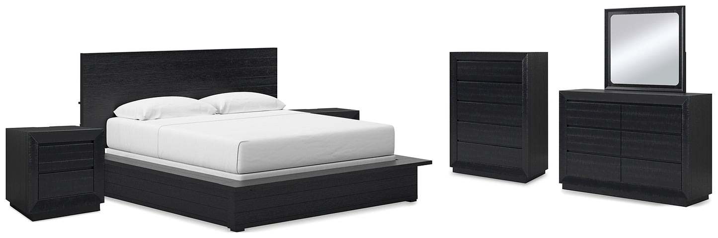 Londer King Panel Bed with Mirrored Dresser, Chest and 2 Nightstands