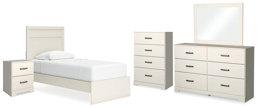 Stelsie Twin Panel Bed with Mirrored Dresser, Chest and Nightstand